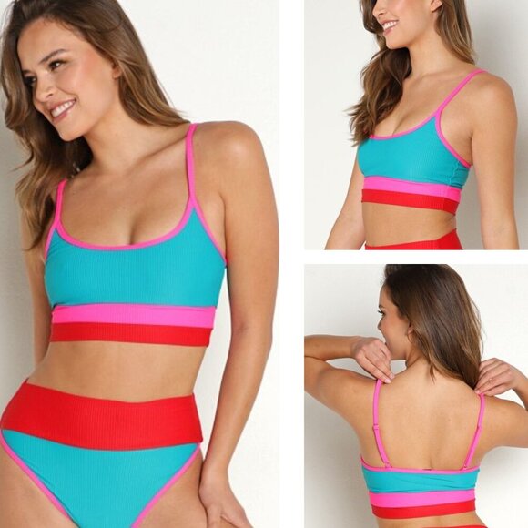 New! Beach Riot Eva Pink Blue Cabana Colorblock Sports Bra Swim Top 22675 - Picture 1 of 5
